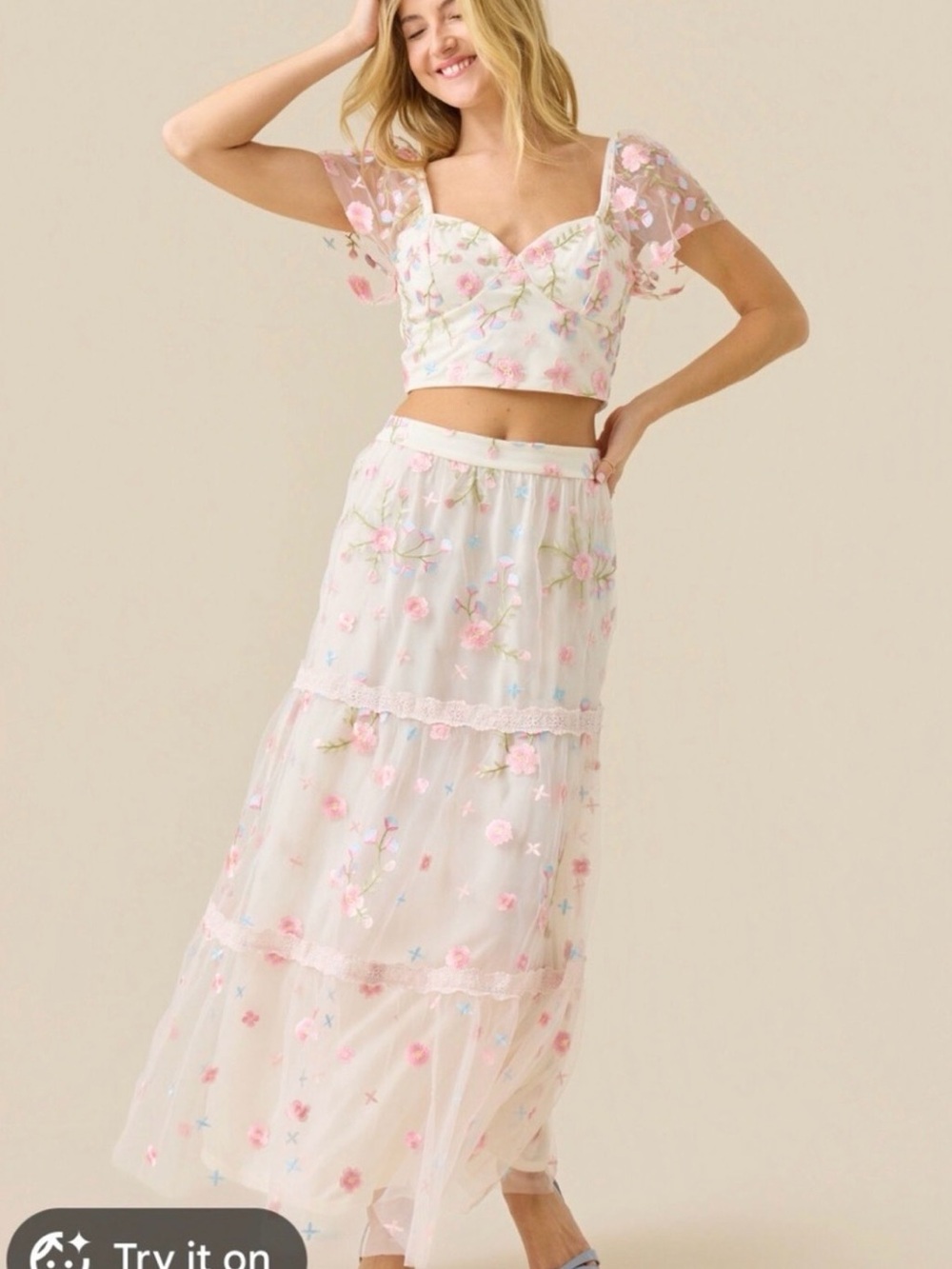 Altar'd State Pink Floral Embroidered Cream Mesh Maxi Skirt